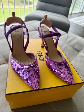 Fendi Iridescent Purple Sequin Pointed-Toe Ankle-Strap Heels